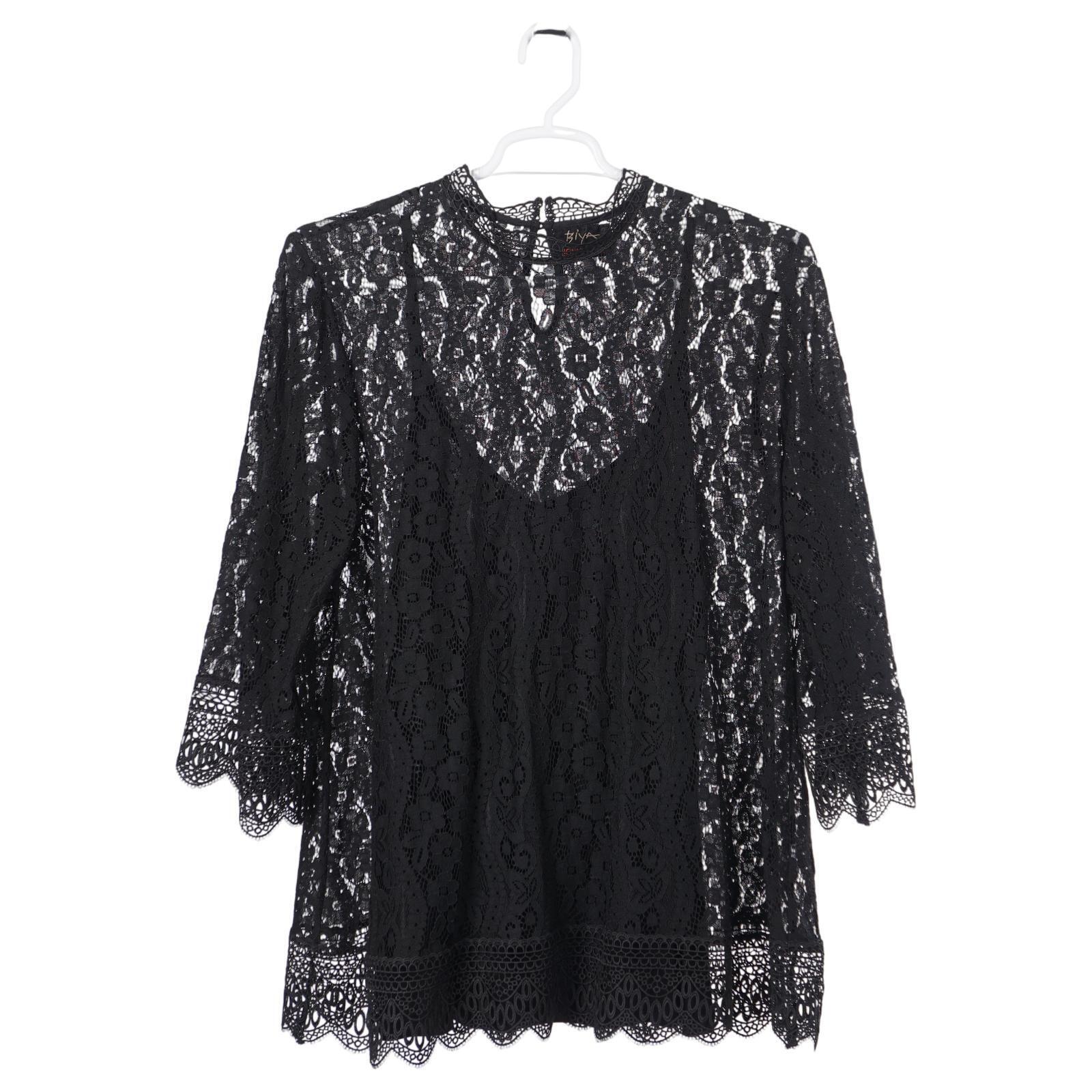 Johnny Was Biya Starlet Top Xxl Black Floral Pattern 3/4 Sleeve Sheer Mock Neck